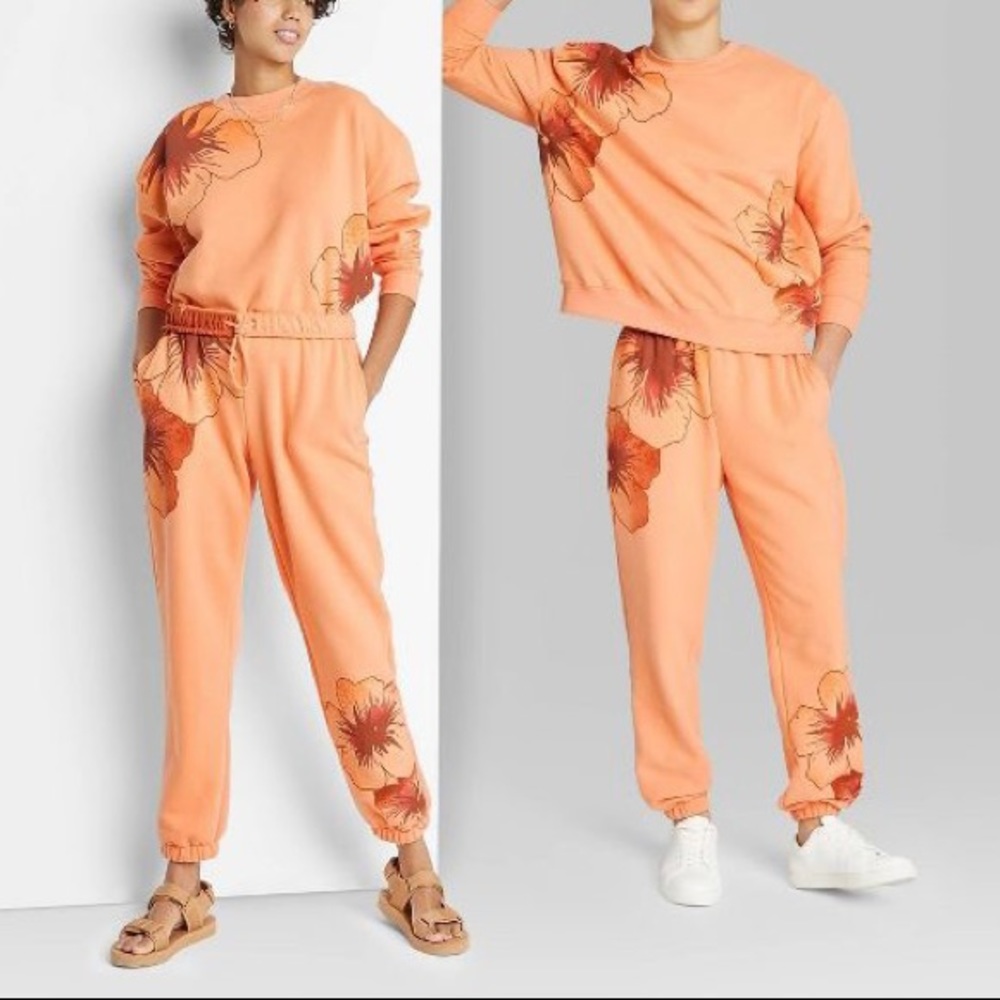 Wild Fable™ Mid-Rise Fleece Sweatpants - Peach Orange Floral